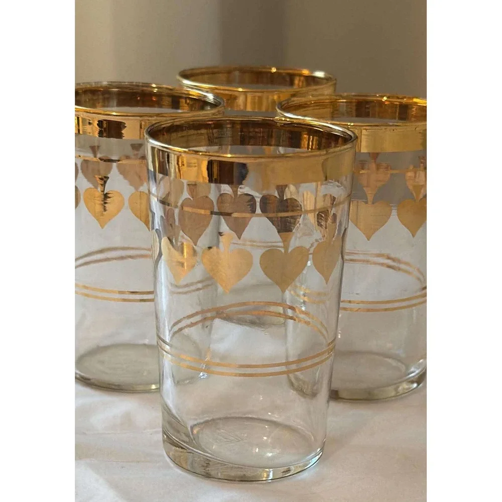 Vintage Barware Glasses Set of 4 3oz Clear Gold Spades MCM Retro EUC